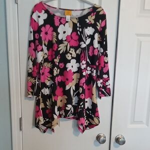 Ruby Rd. Black Top with Pink and White Floral Design
